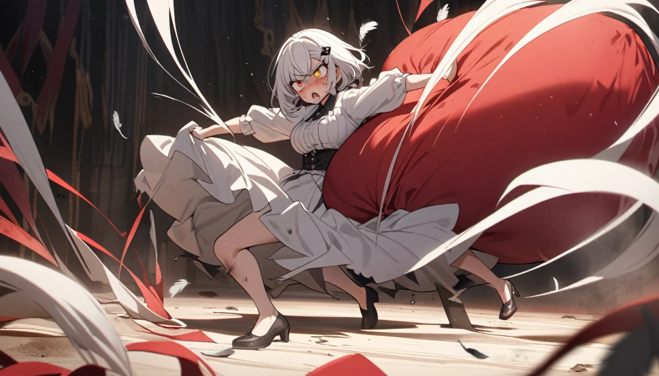 A woman, flowing white hair, melancholy eyes, yellow pupils, black diamond-shaped hairpin, A woman is cutting up a Tattered super huge red silk cushion with scissors in a dirty way. Tiny feathers are dancing, angry,