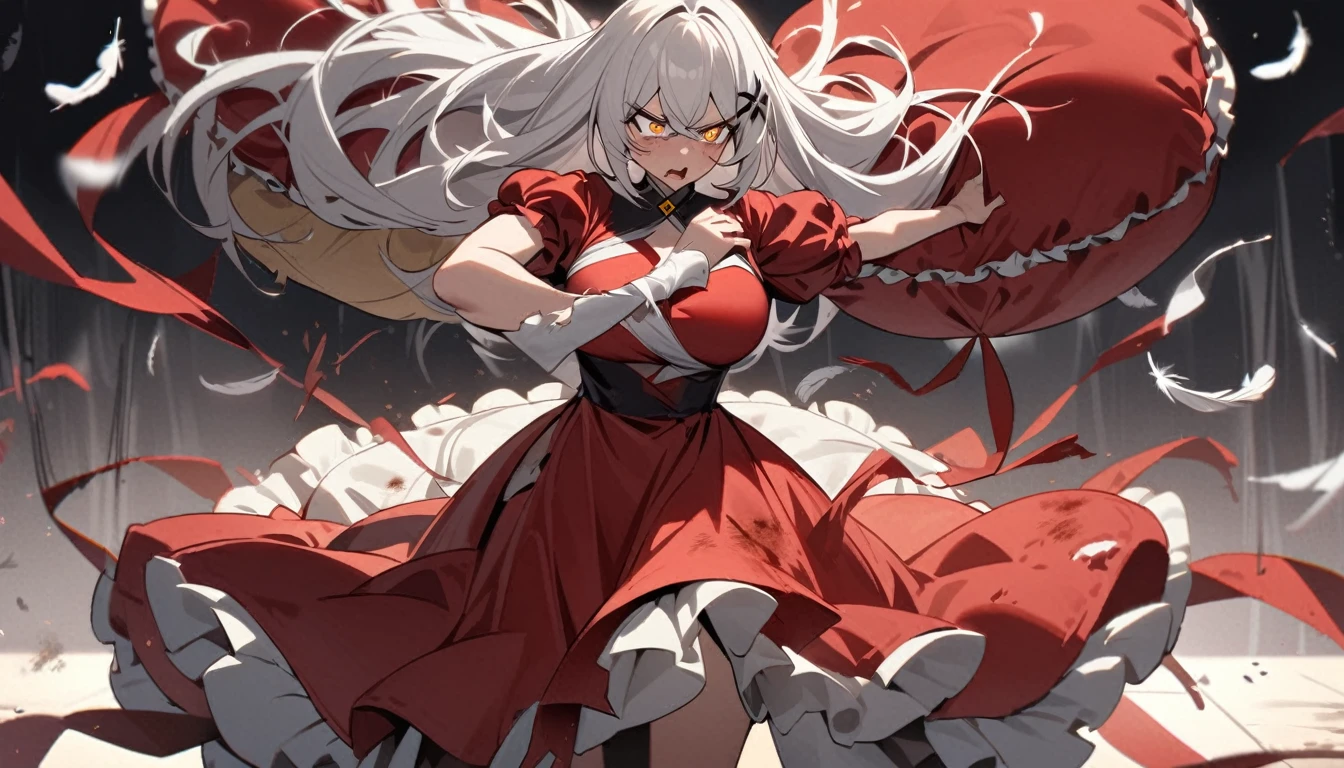 A woman, flowing white hair, melancholy eyes, yellow pupils, black diamond-shaped hairpin, A woman is cutting up a Tattered super huge red silk cushion with scissors in a dirty way. Tiny feathers are dancing, angry,