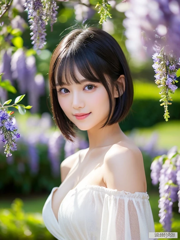 Medium Shot、((Upper Body))、(highest quality:1.5)、(Realistic:1.5)、(1 person:1.5)、(Very detailed)、(High resolution)、8k、((Wear an off-the-shoulder dress))、Slightly small breasts、Natural color lips、Cute Smile、20-year-old girl、(Beautiful and elaborate face)、(Perfect and beautiful face)、(Big eyes)、(Beautiful and elaborate face)、(Beautiful, balanced eyes)、Perfect and beautiful double eyelids、Perfect and beautiful face、Arched eyebrows、 Thin eyebrows、Feminine poses、Slim face、Slim body型、Beautiful and thin nose、 Beautiful Skin、(Medium Bob Hair)、Natural Bangs、Fair skin、Front lighting、(Lighting the face)、(Beautiful cleavage)、Deep blue eyes、Slim waistline、Standing in front of a tunnel of wisteria flowers、(A little below)、Slim body、
