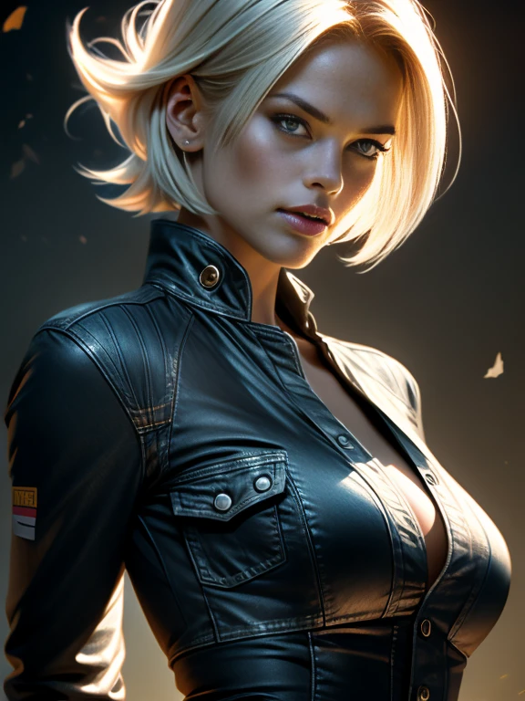 Alice Eve, (1girl:1.4), (sfw), (clothed), (masterpiece), illustration,(realistic:1.5), (specular lighting:1.4), (hyperrealistic:1.2), (photorealistic face:1.2), (perfect face), (best quality), (8k), (4k), photorealistic, sharp focus, octane render, best quality, extremely detailed, intricate, hyper detailed, fantasy, soft lighting,(big breasts:1.4), (skindentation:1.3), android 18 from Dragon Ball, looking down at viewer, after a fight, torn clothes, Android 18, jeans, demin jacket, striped shirt, perfect hands, excited face, short bob haircut.