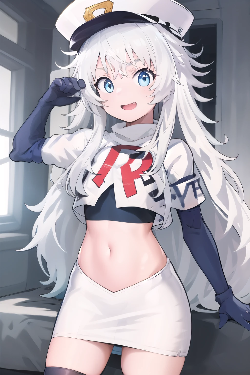 masterpiece, best quality, highres, 1girl, solo, long hair, hat, blue eyes, white hair, messy hair, team rocket,team rocket uniform,white skirt,red letter R,crop top,black thigh-highs,black elbow gloves
