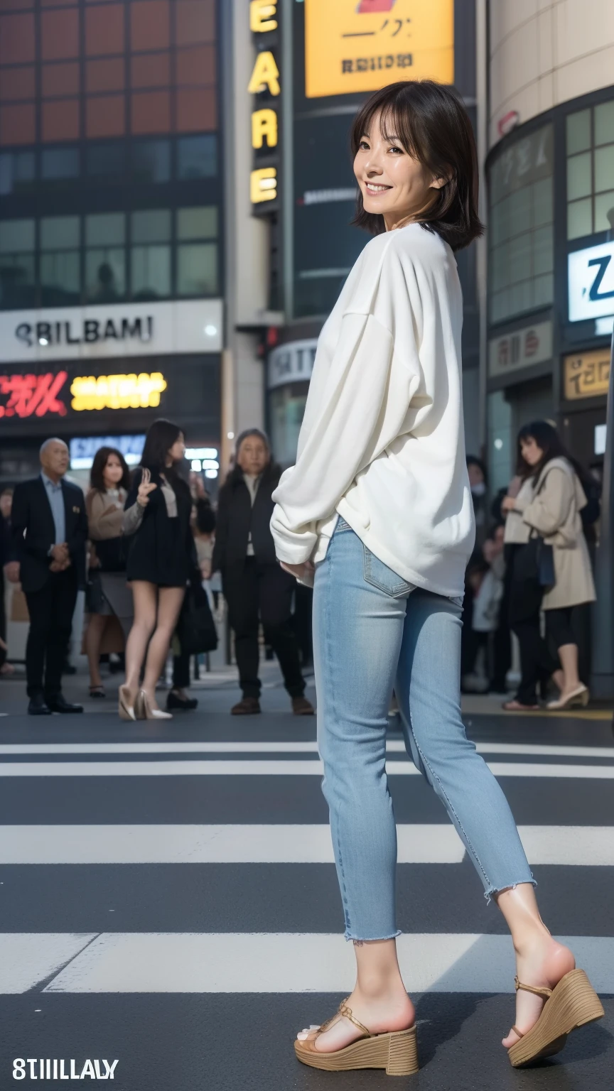 ((highest quality)), ((8K)), ((masterpiece: 1.3)), (Perfect appearance), (Photorealism: 1.6), (Japanese mature women passing by in the crowd), (Turning towards me with just her face), (Shibuya scramble crossing at night: 1.4), (In the middle of the scramble intersection: 1.2), (Detailed background), (60 years old, Japanese Mature), (Beautiful Japanese mature woman: 1.2), ((Realistic skin texture)), (Fine lines all over the skin), (Dull skin), (Moisture wrinkles on the face), (Wrinkles around the eyes), double eyelid, Tear bags under the eyelids, Looking back and smiling gently, Short bangs, Straight long hair, hair with natural movement, (Casual attire: 1.4), High heels, (Full body portrait: 1.4), (Angle from the legs: 1.2),
