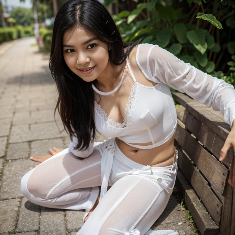 Sweet beautiful Bogor city girl, georgeus face, 25 years old, slim body, roman nose, wavy black hairs with a bangs, descent mixed from sundanese and javanese, wearing white thin low waist full see through lace trousers, wearing thin see through long sleeve white buttoned lace dress, hairy vagina exposed clearly through the trousers, wearing high heels, no panty, no bra, very realistic, very detail, running cheerful in the sunny morning, very cute laughing, her body and her messy dense pubic hairs are exposed through the clothes, sun shining her body through the clothes,