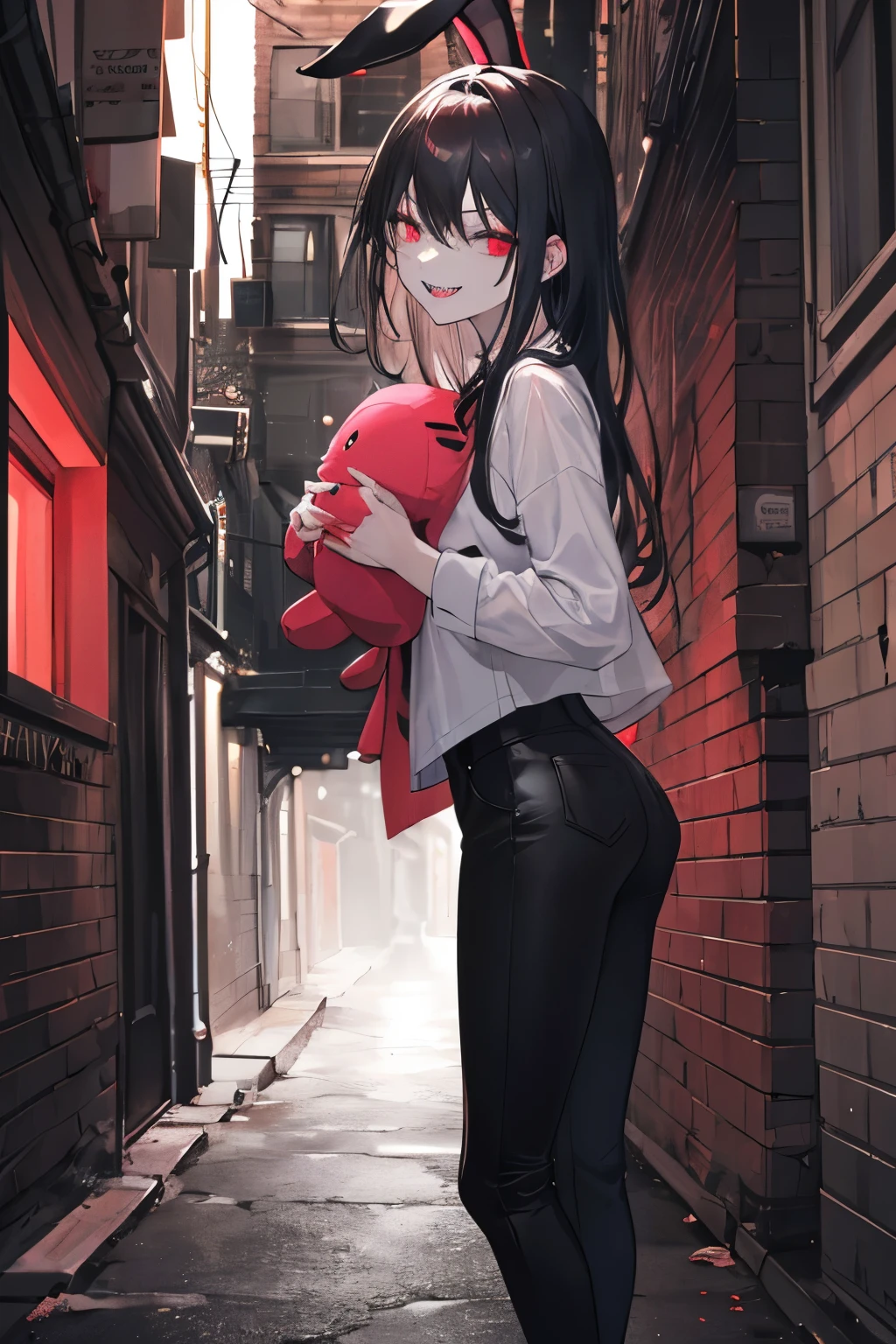 ((melhor qualidade)), ((obra de arte)), (detalhado), rosto perfeito, ((2.5d))



((A young scary woman with dark hair, sharp teeth appearing while she smiles with a crazy expression and neon red eyes, holding a dirty bunny plushy, standing in a dark alleyway. Detailed, 8k, perfect hands)), Detailed, 8k, perfect hands