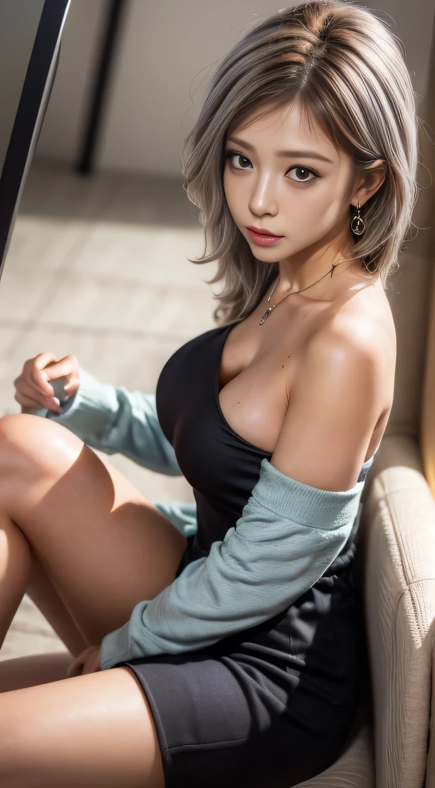masterpiece, 8k, Award-winning photo, photoRealistic, Realistic, Very detailed, Ultra-high resolution, Ray Trakun, ///one person, The most beautiful, 20-year-old , (sexy, Japanese Idols), (Gray Hair:1.2),///Human details Shiny skin , Detailed skin , Beautifully detailed face , Beautiful details , beautiful 歯, /// (double eyelid, Droopy eyes), Natural Lip, (Brightly colored large breasts:1.2), Sunburn, ///(((whole body, sit,Crossing your legs))), (From above:1.3), Remember, ///office, Blurred Background, Very detailed background, /// Earrings,necklace,(Off-the-shoulder blouse:1.5),Tight skirt,A well-trained body,logic ///Finished ultra-Realistic textures, RAW Photos,Shine,Troubled expression,(Sweaty body:1.3)
///Finished ultra-Realistic textures, RAW Photos,Shine,Troubled expression,(Wet body:1.8)
