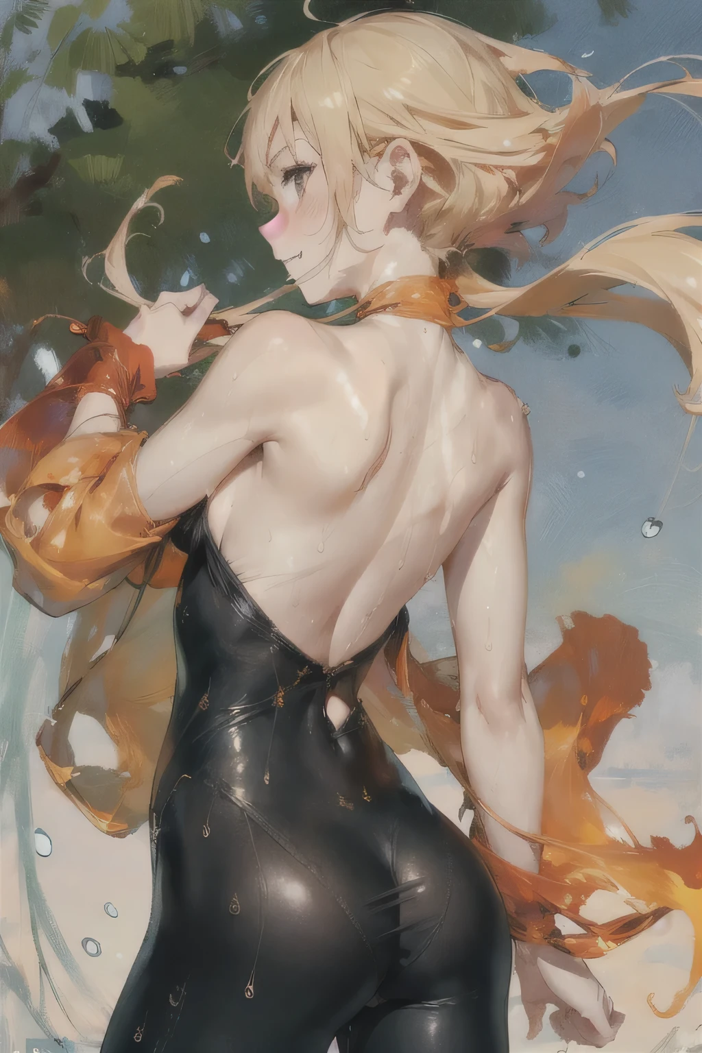 ,,Happy, wreathed in flame,Wearing a backless top,abundant,Gradient, extreme,color, Extreme,detail, Clear light perception,From the back,butt, (many, Impressionism, painting), Anime Characters,flowing flame,Disheveled,Clothing that fits snugly,broken,Chest contour,(((Wet clothing))),Tube Top,(((Ultra-thin clothing))),(Body model),((Flesh outline)),Grinning, blush,Hyperactive expression,Cover the crotch,enchanting,