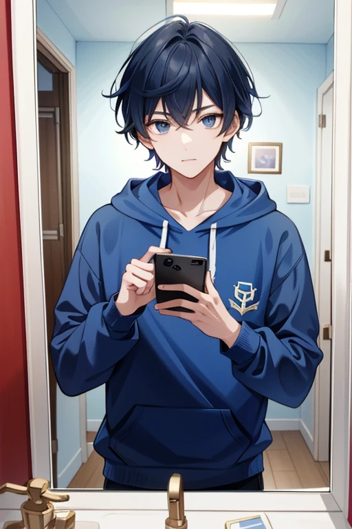 A young man takes a mirror selfie with his phone, wearing a blue hoodie with a red emblem on the left chest. The room has a door and a tiled wall in the background.
