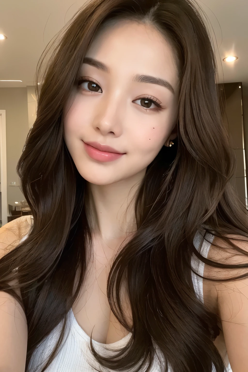 ((Best quality, 8K, Masterpiece: 1.3)), One beautiful woman with long, dark brown hair in a perfect style: 1.4, Big breasts: 1.2, Slim and beautiful face: 1.3, Small baby face: 1.2, Height: 145 cm, Smiling: 1.5, Full body angle: 1.1
This masterpiece showcases a woman with long, dark brown hair that cascades down in perfect curls, framing her face and accentuating her big breasts. Her slim and beautiful face boasts a small baby face, giving her a youthful and fresh appearance. Despite her short height