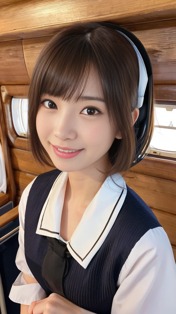 (anime,portrait,highly-detailed,photorealistic:1.2,best quality,4k,8k,highres,masterpiece:1.2),ultra-detailed, realistic, photorealistic:1.37 portrait of a young Japanese girl with an innocent and super ultra cute expression, photorealistic style:1.2, close-up of her eyes with perfect, clear and beautiful details:2.0, her eyes are extremely enchanting:1.5, her -like face is exquisitely detailed, showing every fine feature:1.5, she has a natural makeup look, and her short hair:1.5, neatly-styled hair enhances her charm:1.0, (She is dressed in a cabin attendant costume:1.5), looking both professional and captivating:1.5, her radiant smile exudes joy and warmth:1.0, the sunlight gently illuminates her face, casting a gentle and warm lighting:1.25, the colors are vibrant, enhancing the overall vibrancy of the portrait:1.0.She is on a large Japanese plane.
