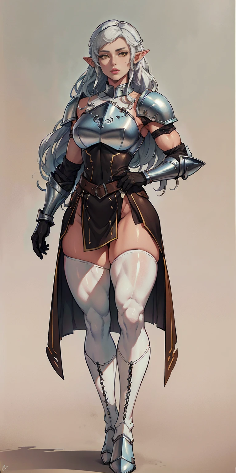masterpiece, best quality, high quality, white SKIN elf, long hair, white hair, yellow eyes, full body, def_effie, blue breastplate, white skin, looking at viewer, shiny,armor, thighhighs, high boots,shoulder armor, faulds, poleyn, gloves, gauntlets