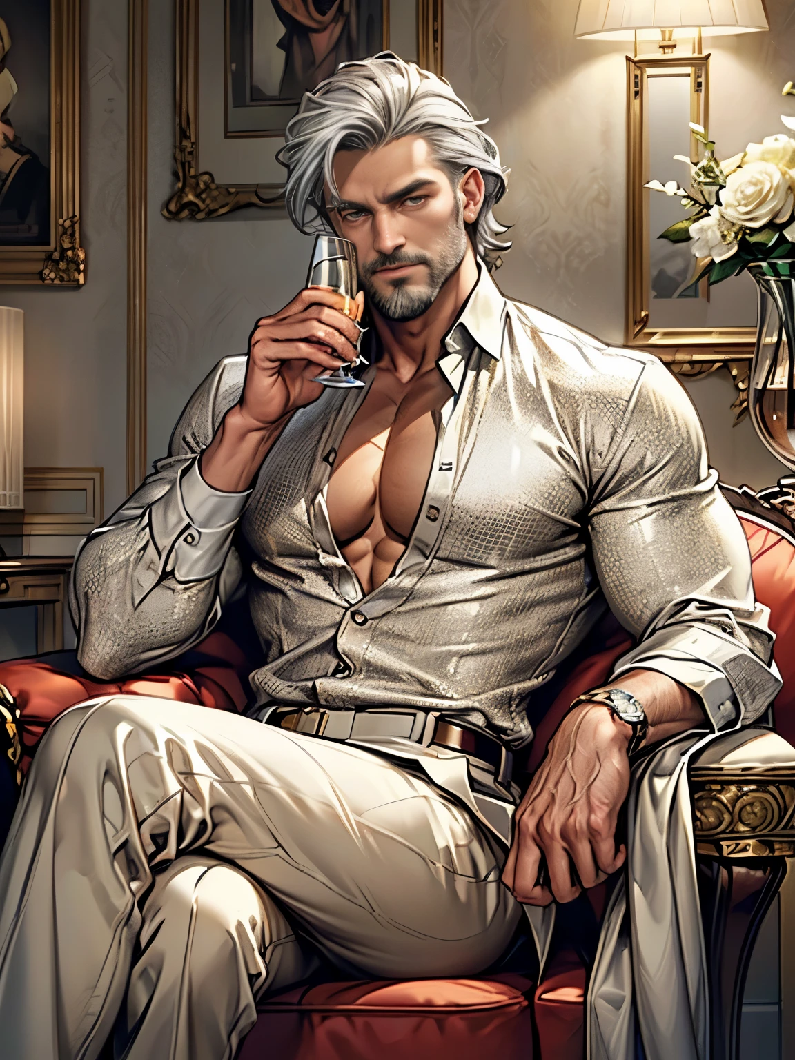 Portrait of 1 man, ((50-year-old)), muscular body, beautiful detailed face, piercing intense gaze, (((sittin in luxurious living room))), (((crossed legs))), (((holding a glass of champagne on hand))), sexy, ((halfway unbuttoned shirt)), (((muscular))), fitness, model, trendy fashion, silver hair, (((full silver beard))), ((big eyes)), ((intense gaze)), expensive furniture, (decorative vases with fresh flowers), distinctive artwork on the walls, rich color palette, golden accents and trimmings, warm and inviting ambiance, serene atmosphere, gentle shadows and highlights, subtle texture in fabrics, luxurious wardrobe with fine fabrics and designer labels, impeccable fashion sense, dapper appearance, relaxed expression, confident posture, refined taste, majestic presence, pristine cleanliness, realistic, accurate, (best quality, masterpiece: 1.2), ultra-detailed, low lighting, beautiful soft lighting, ((luxurious room background)), ((model)), handsome, ((big bulge)), prominent chiseled jawline, masterpiece, anatomically correct, textured skin, super detail, high quality, 4K, 8k, highres, UH.