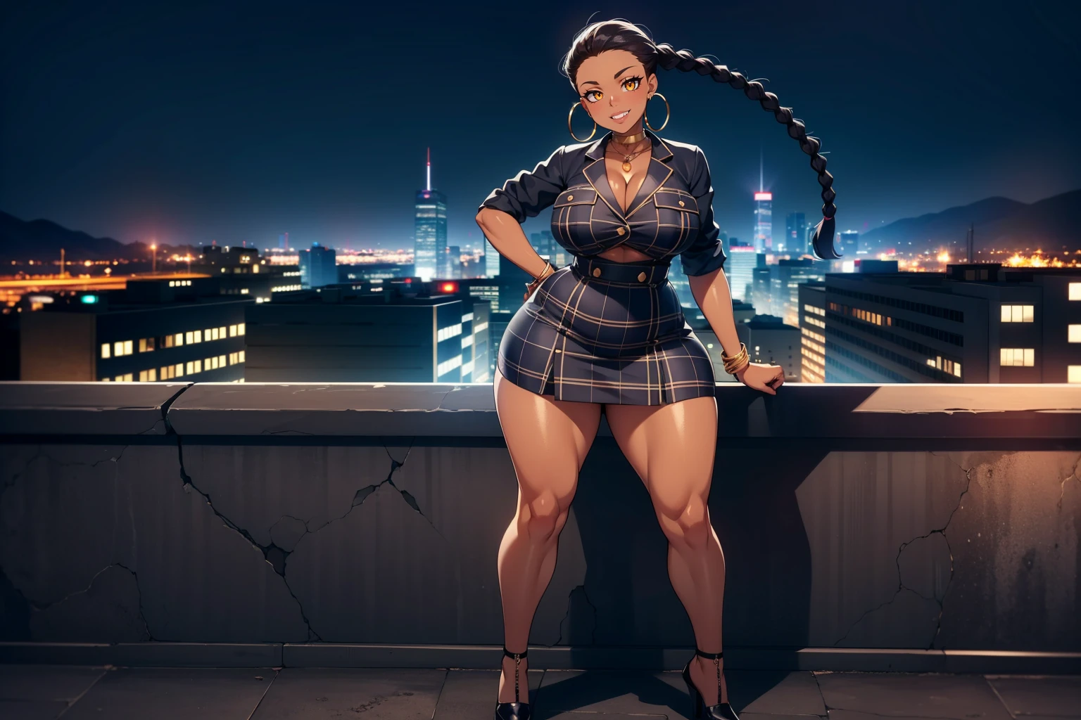 4K Quality, grinning, sexy pose, black plaid skirt, standing up, black braids, (dark skinned), thick thighs, big breasted, big ass, looking at viewer, braided hair, amber eyes, night time, bedroom eyes, full body, city background, perfect face, perfect body, perfect eyes, full lips, hoop earrings, safe for work