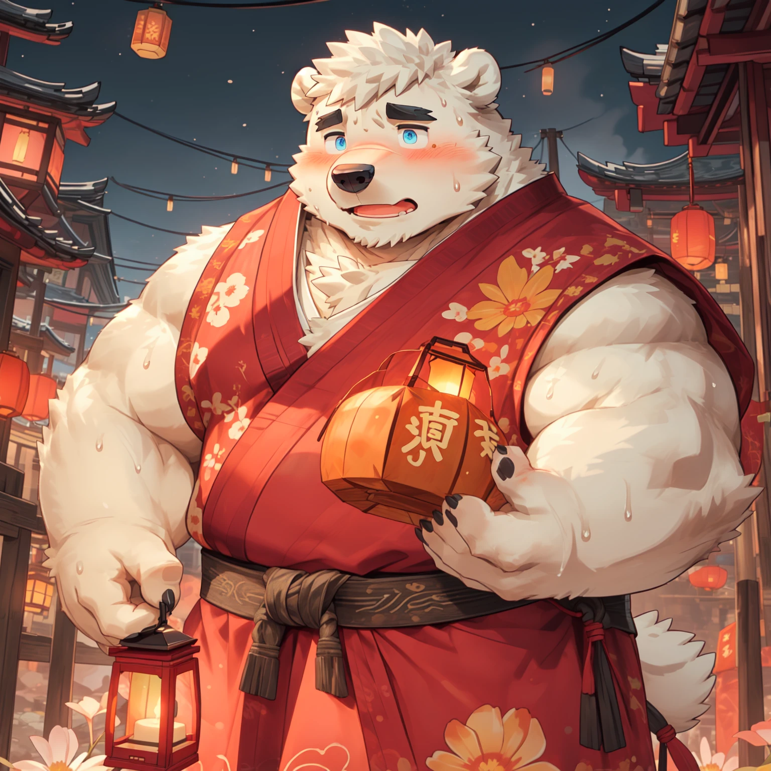 New Jersey 5 Furry，polar bear，Exquisite，Wool cap，Upper Body，firecracker，blush，lantern，Spring Festival atmosphere，Chinesedress，sweat, blush，Oily ，Solitary，Chubby，Fat，Thick arms，Rugged muscles，White plush fur，Chubby脸，Black eyebrows，Sky blue eyes，Beard，Cover, high resolution, top quality, best quality, Wool cap，Upper Body，firecracker，blush，lantern，Spring Festival atmosphere，Chinesedress，sweat, blush，Oily 