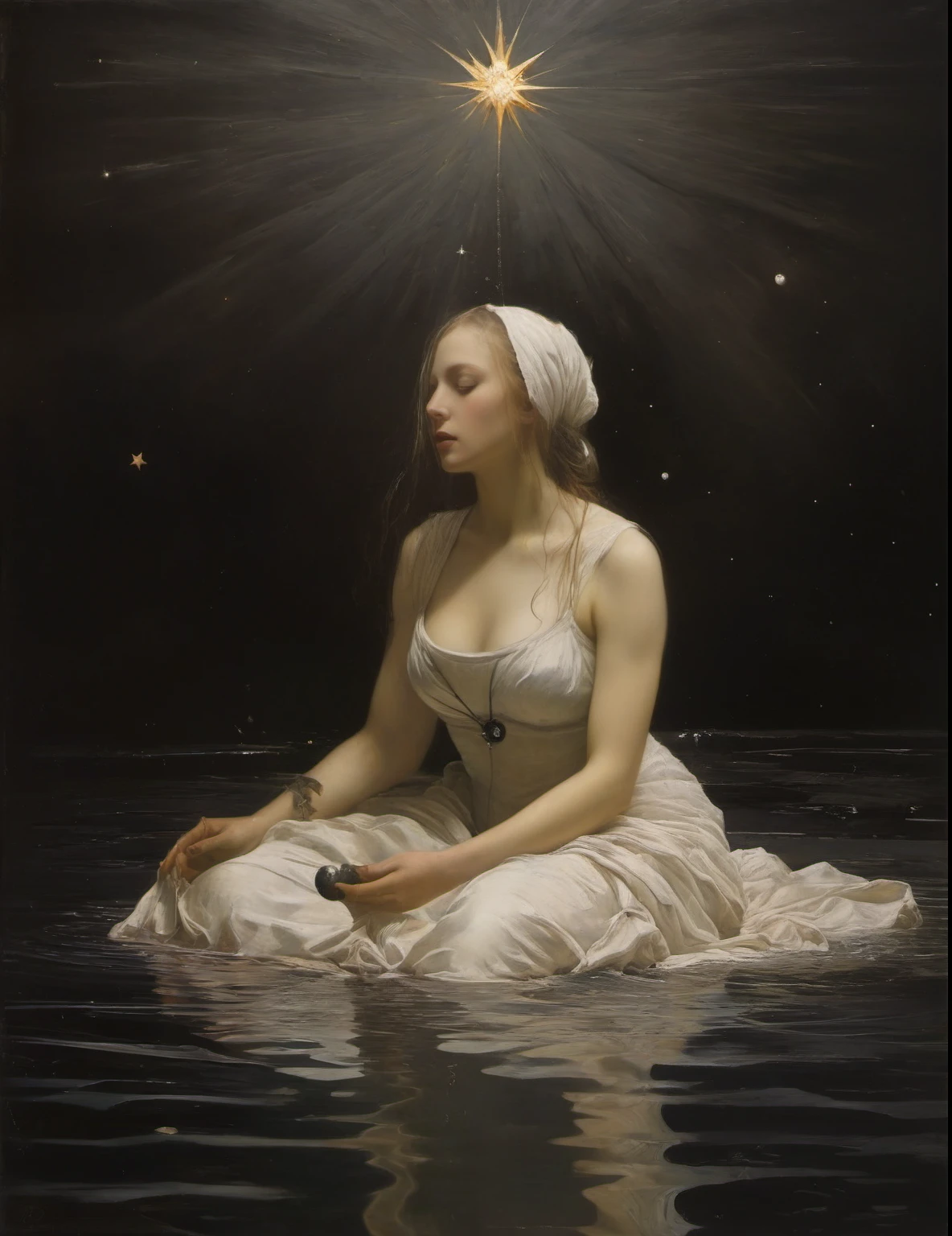 a painting of the bathing nymph Galatea, the waves flatter tenderly at her feet, while a playful reflection echoes the image of her lovely stature, bucolic landscape, painted in the style of Bouguereau