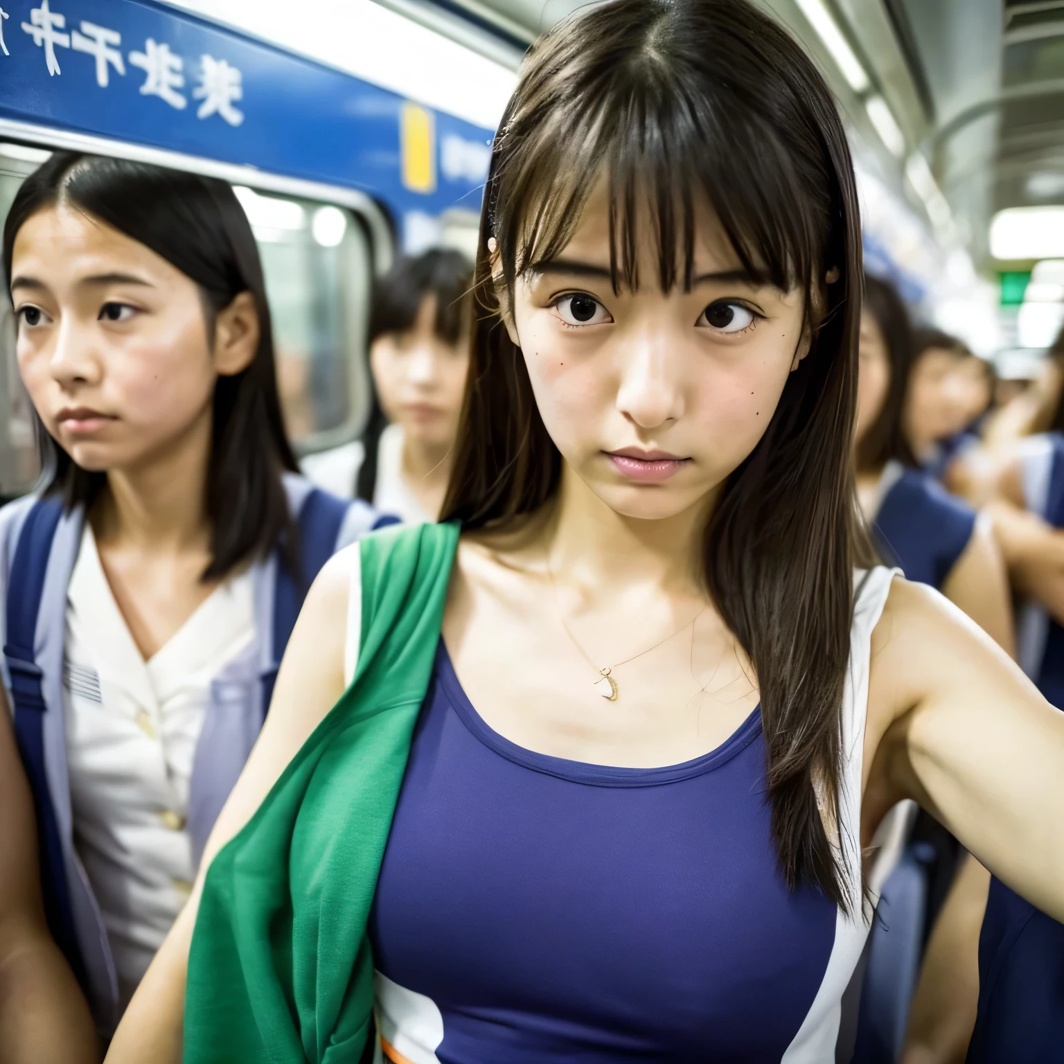 Portrait of a woman wearing a pale pink bikini on a crowded train、Japanese Swimsuit Model、A young and cute gravure idol、Real young gravure idol、(There are lots of young passengers around.:1.7)、When the old man next to me touches it.、The people around me stare、RAW Photos Genuine live-action