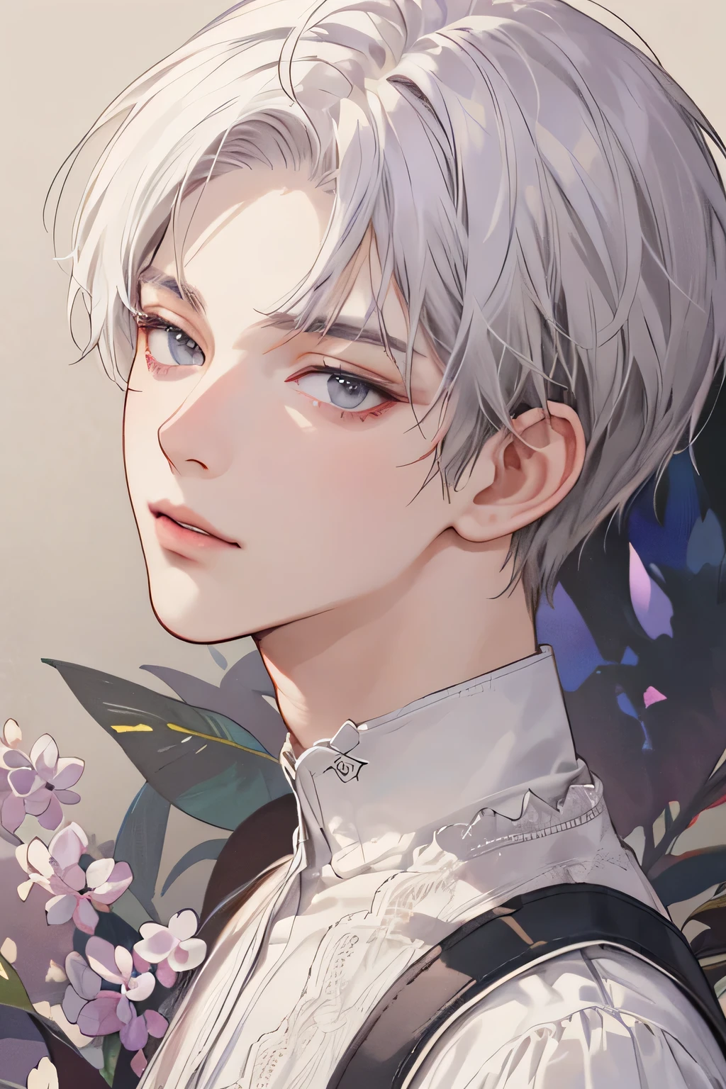 (extreamly delicate and beautiful:1.2), 8K,(masterpiece:1.0),(best_quality:1.0), 1boy, and intricate detailing, Enlarged textures, and intricate detailing, finely eye and detailed face, and intricate detailing, lilac short hair, (closed mouths), Perfect eyes, Equal eyes, grey eyes (A male god) perpect, lilac purple short hair,