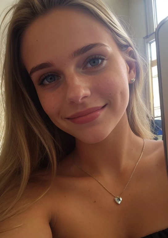 uma selfie de uma jovem bonita, Taken with iPhone camera , very long blonde hair, and the curvature is smooth. In the selfie she is wearing a bright blue strapless dress, and she has a beautiful smile