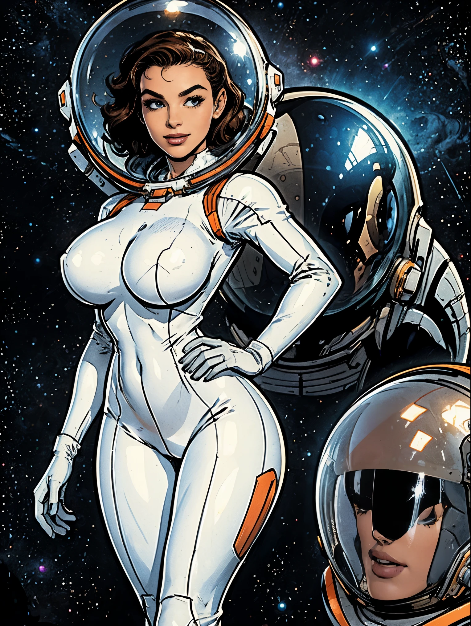 (masterpiece, top quality, best quality, official art, beautiful and aesthetic:1.2), (1girl:1.3), light freckles, fair skin, extremely detailed, portrait, looking at viewer, solo, (full body:0.6), detailed background, close up, (bright space pinup theme:1.1), 1950's pinup brunette space girl, charlatan, smiling, happy, mysterious, spacewalk, modest attire, white and orange space suit, spacesuit, helmet, bodysuit, ray gun, long boots, pouches, jetpack, glass helmet, rocket ship, ((((space helmet, narrow hips, slim sexy y, gigantic breasts)im waist, slim hips, long legs, futuristic (moon exterior:1.1) background, dark mysterious lighting, shadows, magical atmosphere, dutch angle,