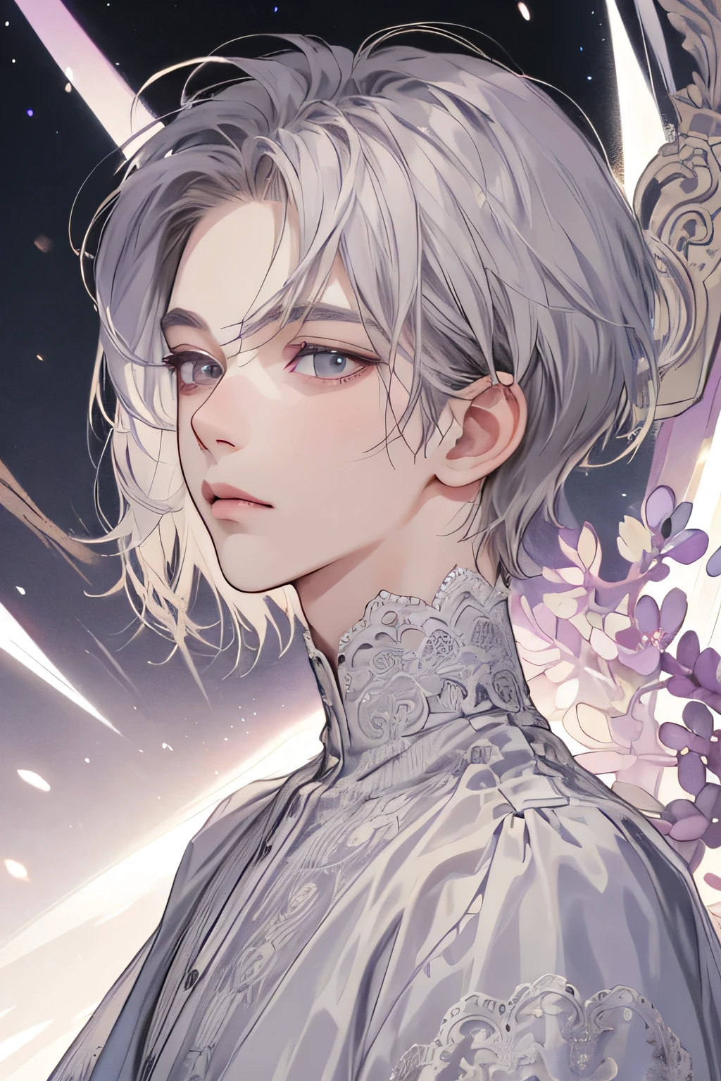 (extreamly delicate and beautiful:1.2), 8K,(masterpiece:1.0),(best_quality:1.0), 1boy, and intricate detailing, Enlarged textures, and intricate detailing, finely eye and detailed face, and intricate detailing, lilac short hair, (closed mouths), Perfect eyes, Equal eyes, grey eyes (A male god) perpect, purple short hair,