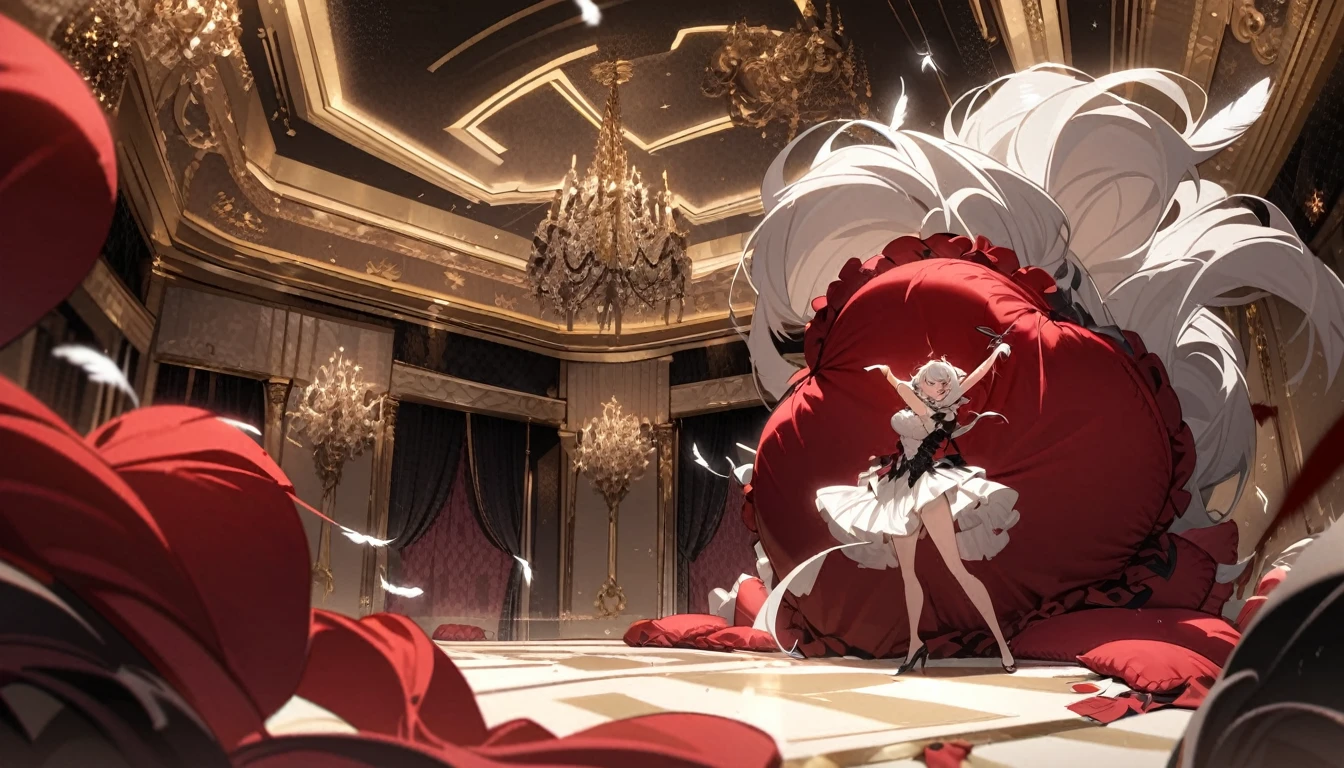A woman, flowing white hair, melancholy eyes, yellow pupils, black diamond-shaped hairpin, A woman is cutting up a Tattered super huge red silk cushion with scissors in a dirty way. Tiny feathers are dancing, angry, Luxurious room,