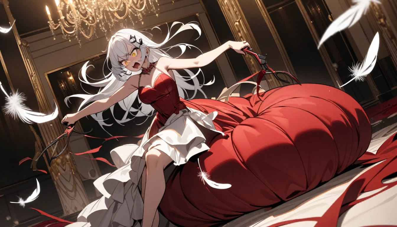 A woman, flowing white hair, melancholy eyes, yellow pupils, black diamond-shaped hairpin, A woman is cutting up a Tattered super huge red silk cushion with scissors in a dirty way. Tiny feathers are dancing, angry, Luxurious room,