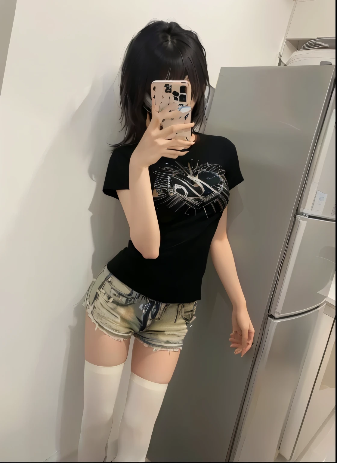 An Asian woman takes a selfie in front of a refrigerator, Wearing shorts and a T-shirt, Casual Wear, taken in 2 0 2 0, tumblr, Short sleeve, Black T-shirt, Black T-shirt, 2447, full body pictures, Taken in 2022, 2 4-year-old female model, Year 2 8 6 6