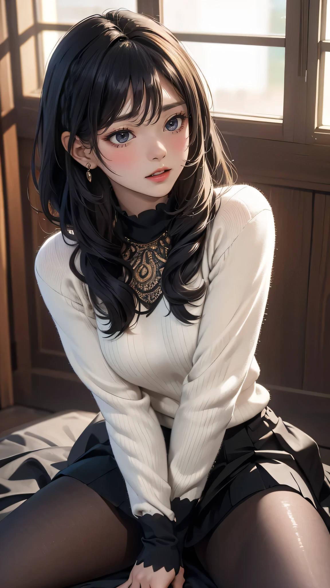 (random pose),(random hairstyle),(Highest image quality,(8K), Ultra-realistic, Best Quality, High quality, High Definition, high quality texture, high detailing, Beautiful detailed, fine detailed, extremely details CG, Detailed texture, realistic representation of face, masterpiece, presence),sweater,black pantyhose,spread legs