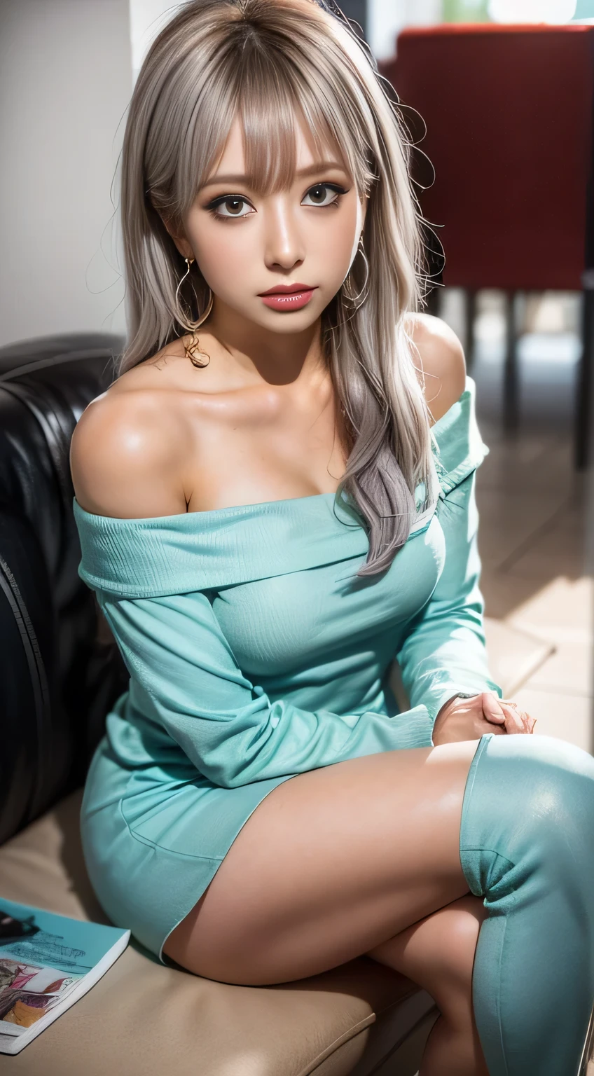 masterpiece, 8k, Award-winning photo, photoRealistic, Realistic, Very detailed, Ultra-high resolution, Ray Trakun, ///one person, The most beautiful, 20-year-old , (sexy, Japanese Idols), (Gray Hair:1.2),///Human details Shiny skin , Detailed skin , Beautifully detailed face , Beautiful details , beautiful 歯, ///  (double eyelid, Droopy eyes), Natural Lip, (Brightly colored large breasts:1.2), Sunburn, ///(((whole body, sit,Crossing your legs))), (From above:1.3), Remember, ///office, Blurred Background, Very detailed background, /// Earrings,necklace,(Off-the-shoulder blouse:1.5),Tight skirt,A well-trained body,logic
///Finished ultra-Realistic textures, RAW Photos,Shine,Troubled expression,(Sweaty body:1.3)