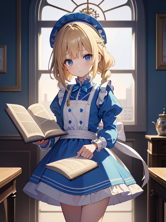 (8k, highest quality, Tabletop:1.2)、Artwork, Ultra-high resolution、Alice in Wonderland, One ****************, Detailed face、blue eyes, Blonde, Braid, Blue Dress, White apron, Clothes with bulging sleeves, A room full of clocks, A little dark room, Evening Party, I read a book