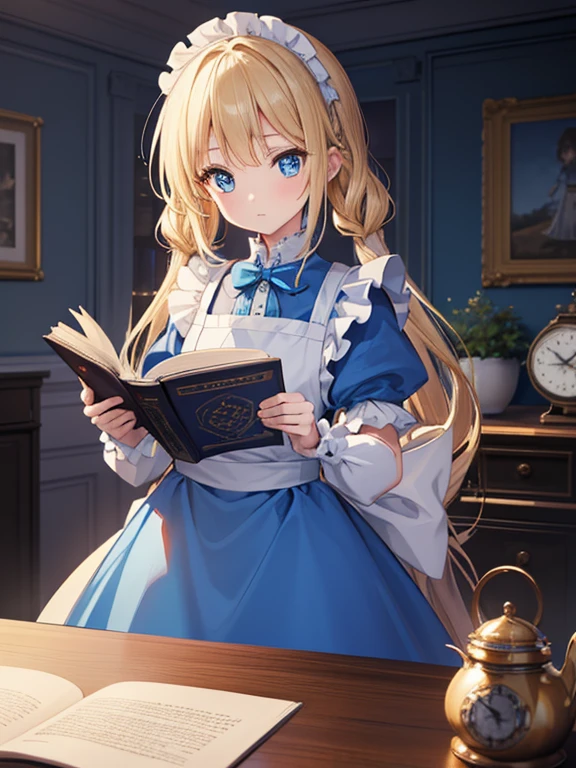 (8k, highest quality, Tabletop:1.2)、Artwork, Ultra-high resolution、Alice in Wonderland, One ****************, Detailed face、blue eyes, Blonde, Braid, Blue Dress, White apron, Clothes with bulging sleeves, A room full of clocks, A little dark room, Evening Party, I read a book