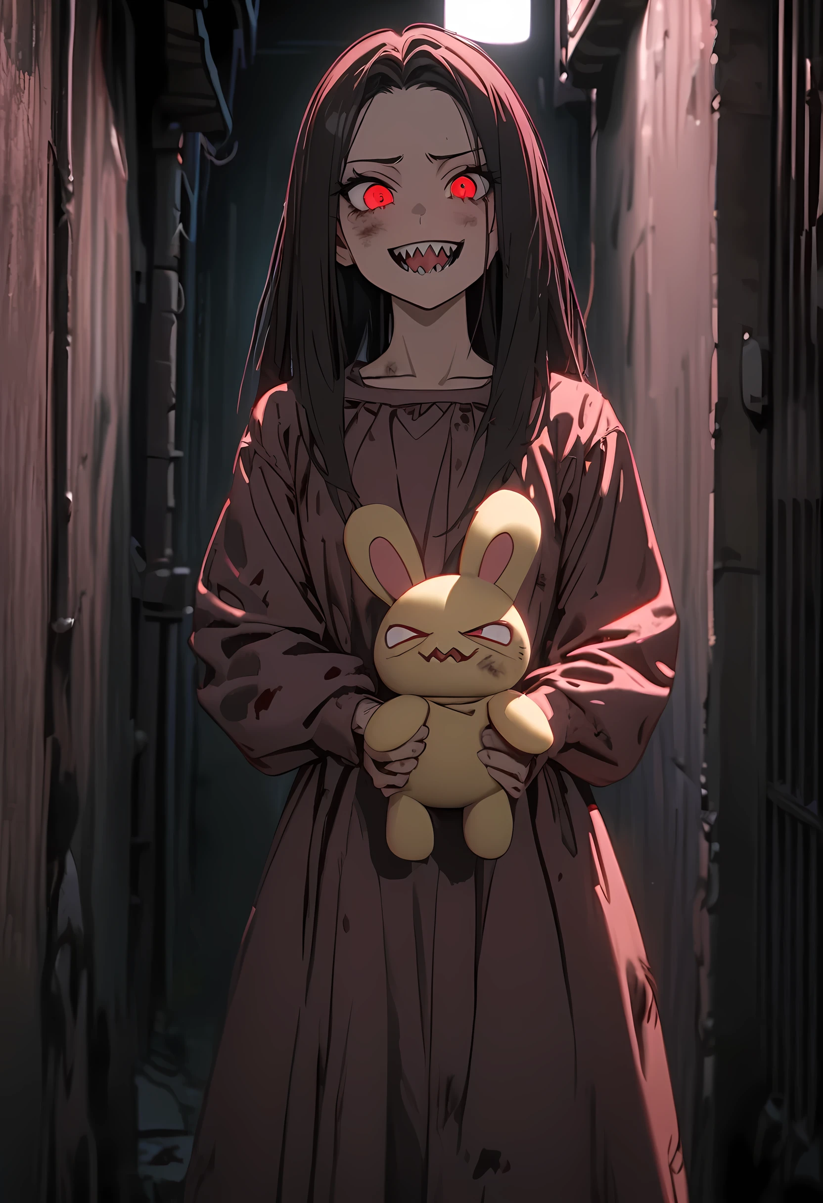 A young scary woman with dark hair, sharp teeth appearing while she smiles with a crazy expression and neon red eyes, holding a dirty bunny plushy, standing in a dark alleyway. Detailed, 8k, perfect hands