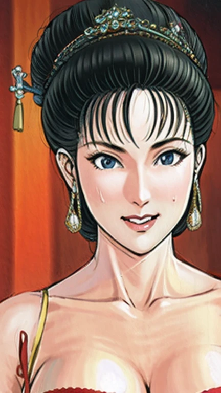 (best quality), (very aesthetic), (ultra-detailed), (best illustration),NSFW,a mature female,Perfect Face,Suikoden,Mrs. Lin,(full_body),big breast,red cheek,Sweating,skinny, chinese traditional lingerie,chinese traditional style bed,