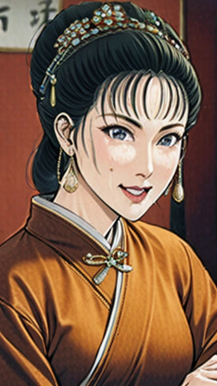 (best quality), (very aesthetic), (ultra-detailed), (best illustration),NSFW,a mature female,Perfect Face,Suikoden,Mrs. Lin,(full_body),big breast,red cheek,Sweating,skinny, chinese traditional lingerie,chinese traditional style bed,