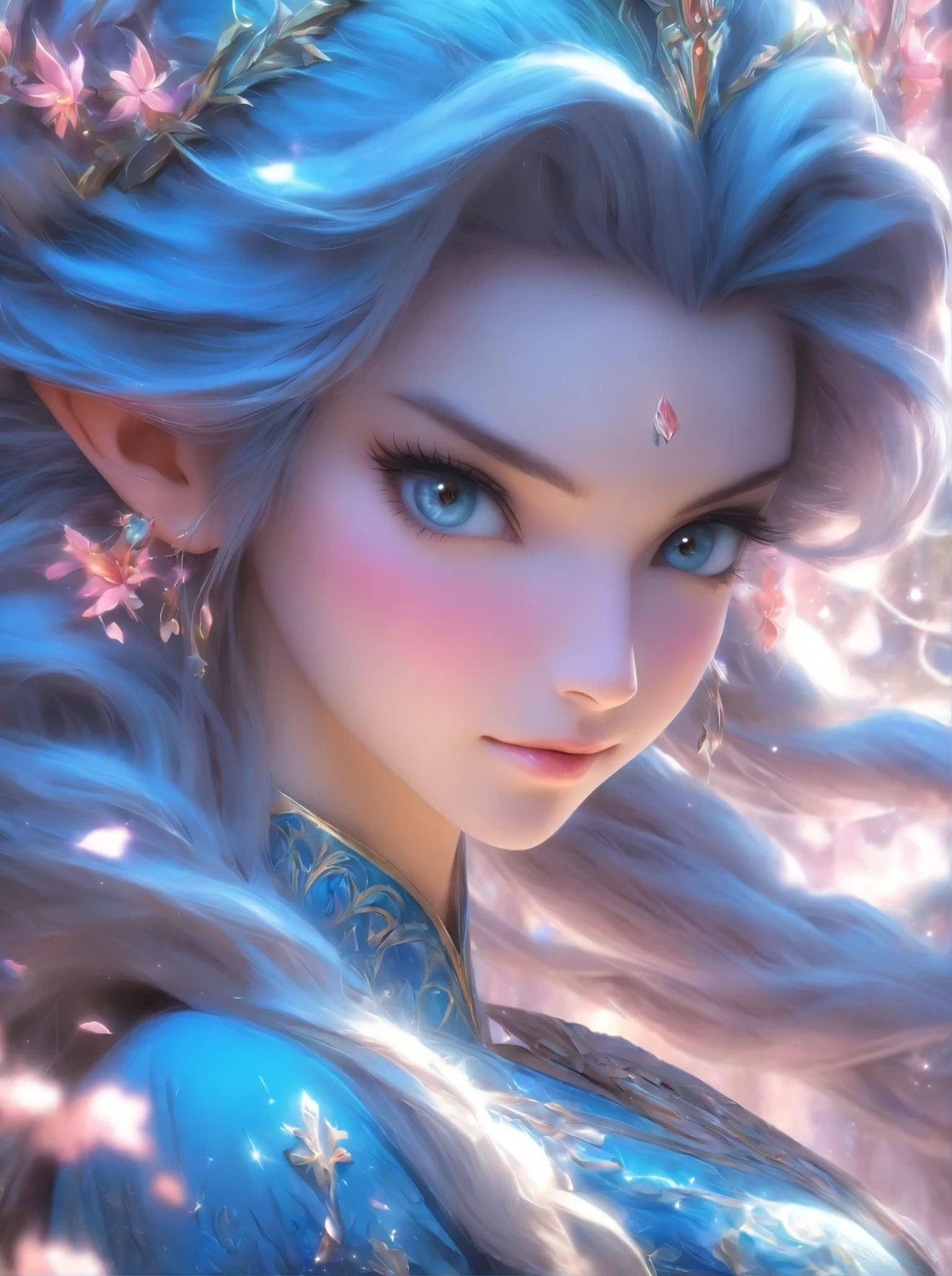 a close up of a woman in a blue dress with long hair, fairy cgsociety, ((a beautiful fantasy empress)), a beautiful fantasy empress, fantasy art style, fantasy style art, beautiful detailed fantasy, beautiful fantasy art, beautiful and elegant elf queen, detailed fantasy art, by Yang J, digital fantasy art ), very beautiful fantasy art, 🌺 cgsociety