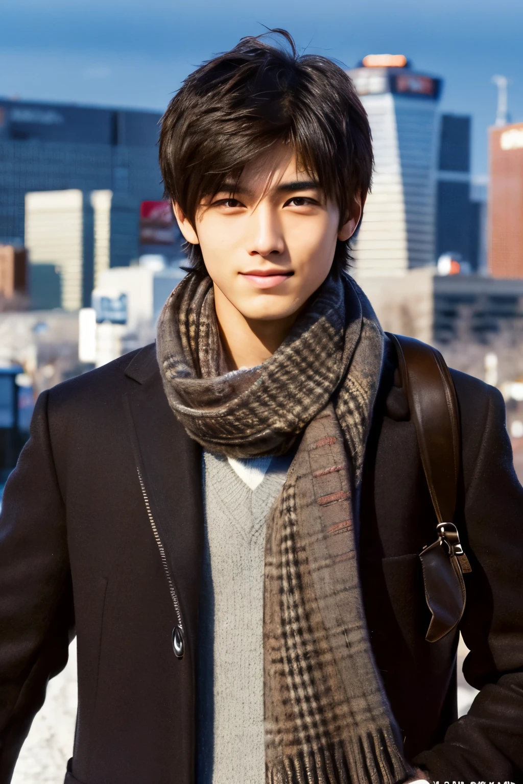 Photorealistic, 8K full-body poster, Beautiful Boys, Japanese, 18-year-old male, Attractive look, Detailed facial details, Tokyo, Winters, Shibuya in the background