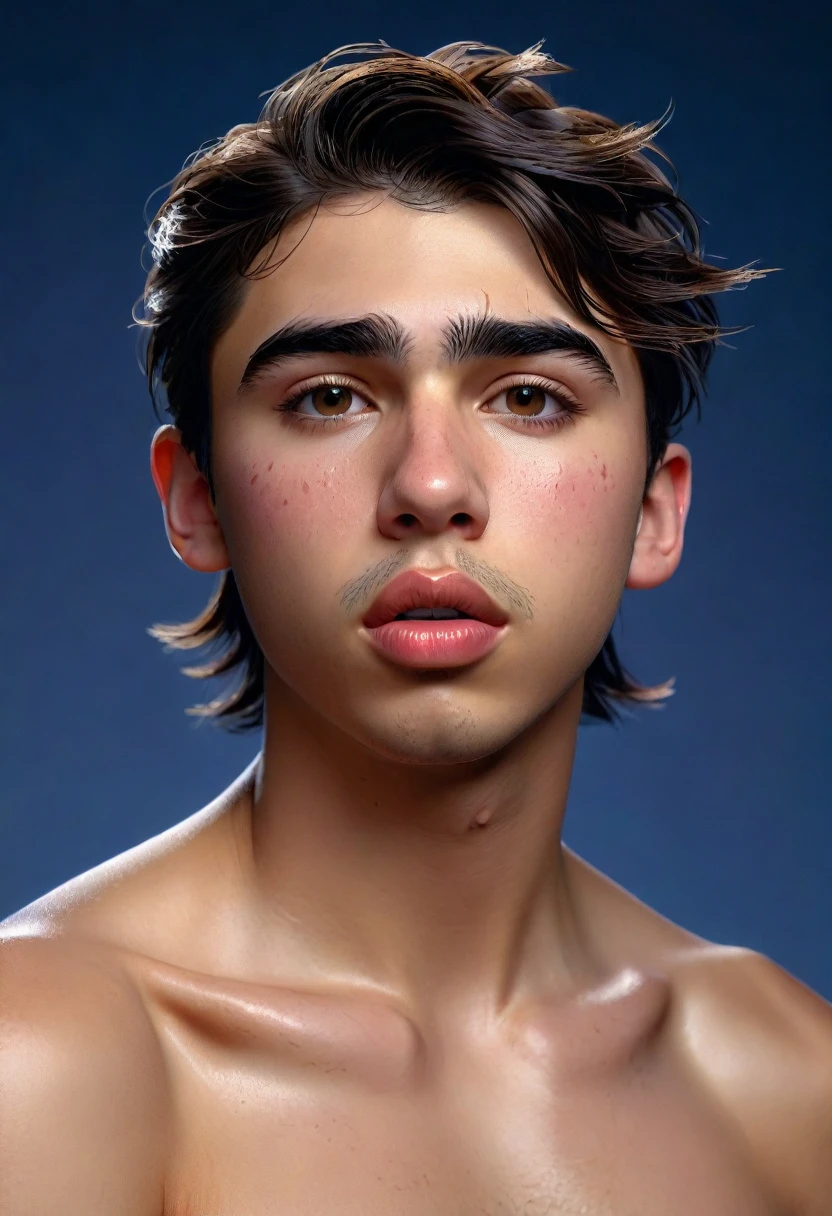 White Teenage boy , , animalstattoos on half forearms 1, military haircut, black hair, green eyes fixed, affiliated features, no facial hair, height 1.93, weight 100 kg, aesthetic muscular build, broad shoulders, V-shaped body, full body focus, completely hairless, nude, flaccid penis