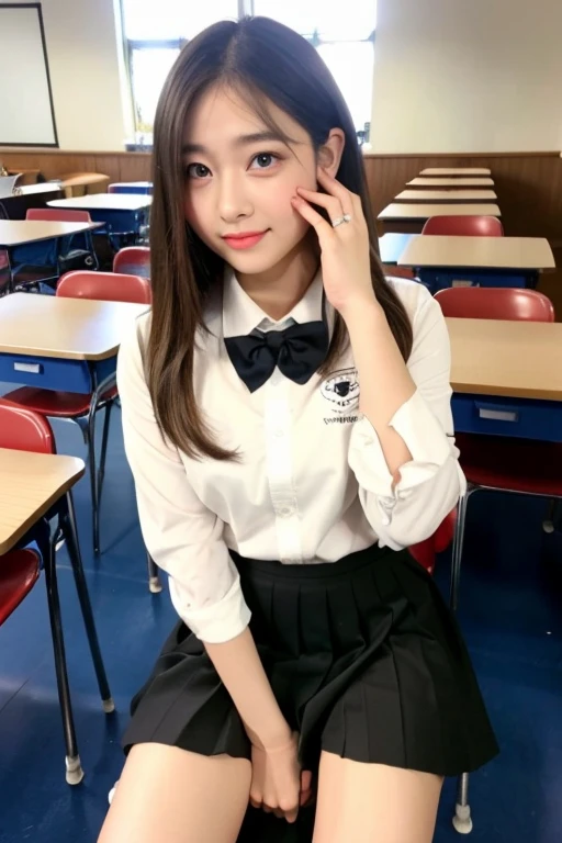 ((highest quality)), ((masterpiece)), (detailed), Perfect Face, Dynamic pose, Dynamic Angle, Arrange Poses,highest qualityの仕事，Show off your legs，(Bobcut), (Blonde), (Brown eyes), Nice lips, Rose Cheeks, Pretty face, Perfectly balanced face, School shirt with red ribbon, (Black Skirt), (school uniform),  (Sitting in a chair),White Stockings，In the classroom，Full Body View， wonderful, Big round box、Beautiful eye details、Beautiful eyelashes、Beautiful double eyelids,  Blushing, Talk to your audience, looking at the camera