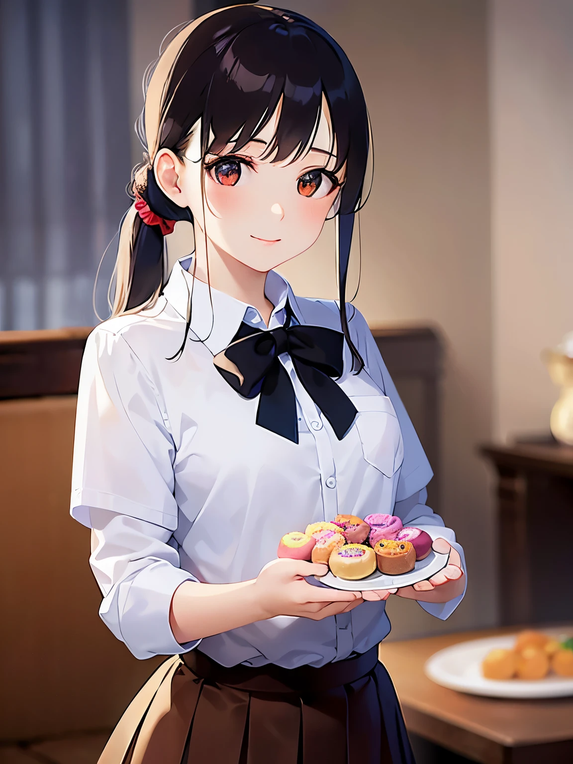 Holding a plate of donuts, Upper Body, Realistic, real person, (pale skin: 1.2), RAW photo, photorealistic, shiny skin, shiny hair、(15 year old female with bangs) and (ponytail) and (brown hair) and (orange eyes) , High 、(white) and (Collared shirt:1.2) and (Pleated skirt)、smile, The background is the living room、Alone、Are standing
