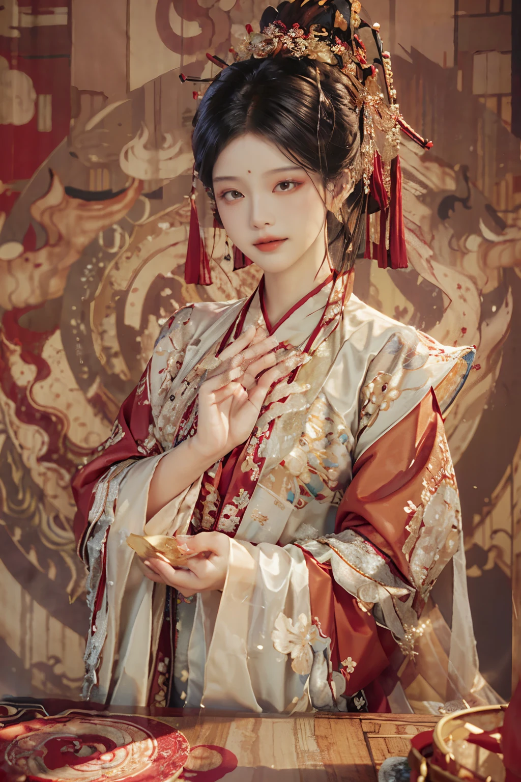 An exquisitely crafted image of a gentle Chinese goddess gracefully donning Hanfu, the traditional Chinese attire, enhances the serene and ethereal atmosphere. The intricate patterns adorning her elegant Hanfu flow harmoniously with the gentle breeze, revealing her delicate and refined features. Her long, cascading silk robes sway in the breeze, and the soft, flowing fabric of her Hanfu skirts creates a soothing and calming visual experience. The refined beauty and peaceful demeanor of this Chinese goddess evoke a profound sense of tranquility and harmony.

An image of a lively and vivacious Chinese goddess wearing Hanfu invites a sense of excitement