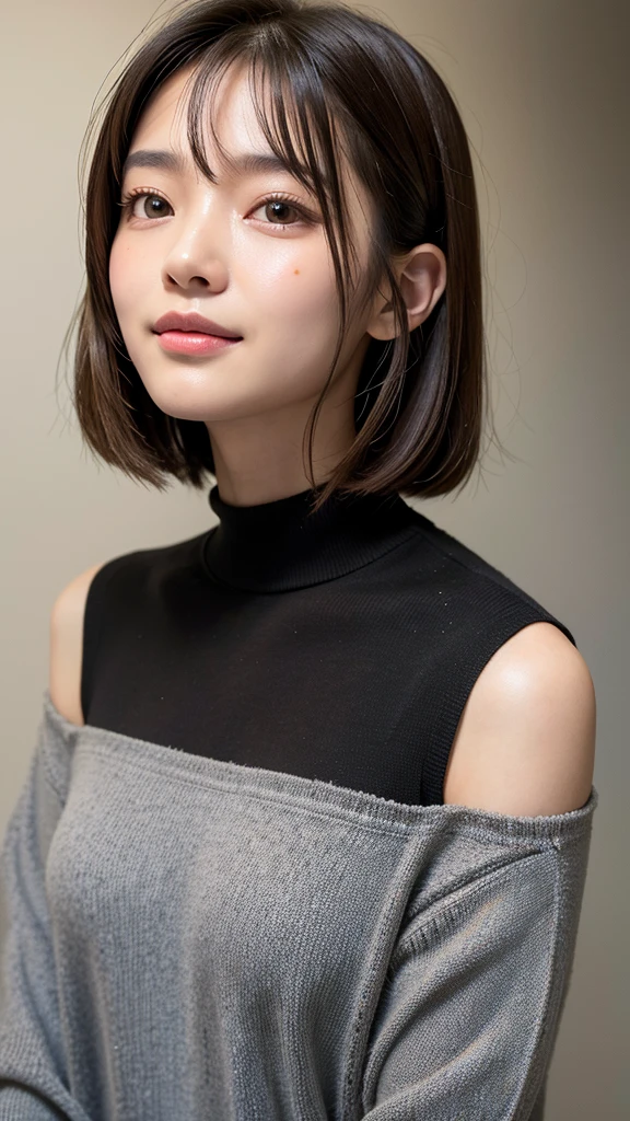 (((Close-up of face)))、(((Absolutely shoulder-length brown straight short bob)))、(((She is posing like a hair salon model, with a black wall indoors as the background.)))、(((Casual black winter long sleeves with shoulders covered)))、Half Japanese, half Korean、18 year old girl、Standing Alone、Looking forward、Light eye makeup、Brown Hair Color、Flat and 、Hair blowing in the wind、Actress Quality、Glossy, ultra-realistic face、Smiling face、Watery eyes、Gazing Up、Subtle lighting effects、 Ultra-Realistic Capture、Very detailed、High resolution 16K close up of human skin。Skin texture must be natural、The details must be such that pores can be clearly seen、The skin is healthy、Uniform tone、Use natural light and colors、A worn-out, high-quality photo taken by a model agency's in-house photographer.、smile、(((SIGMA 300 mm F/1.4,1/1000 sec shutter,ISO 400)))