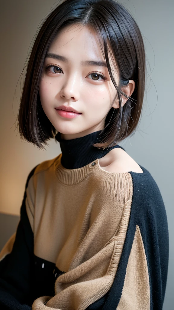 (((Close-up of face)))、(((Absolutely shoulder-length brown straight short bob)))、(((She is posing like a hair salon model, with a black wall indoors as the background.)))、(((Casual black winter long sleeves with shoulders covered)))、Half Japanese, half Korean、18 year old girl、Standing Alone、Looking forward、Light eye makeup、Brown Hair Color、Flat and 、Hair blowing in the wind、Actress Quality、Glossy, ultra-realistic face、Smiling face、Watery eyes、Gazing Up、Subtle lighting effects、 Ultra-Realistic Capture、Very detailed、High resolution 16K close up of human skin。Skin texture must be natural、The details must be such that pores can be clearly seen、The skin is healthy、Uniform tone、Use natural light and colors、A worn-out, high-quality photo taken by a model agency&#39;s in-house photographer.、smile、(((SIGMA 300 mm F/1.4,1/1000 sec shutter,ISO 400))) 