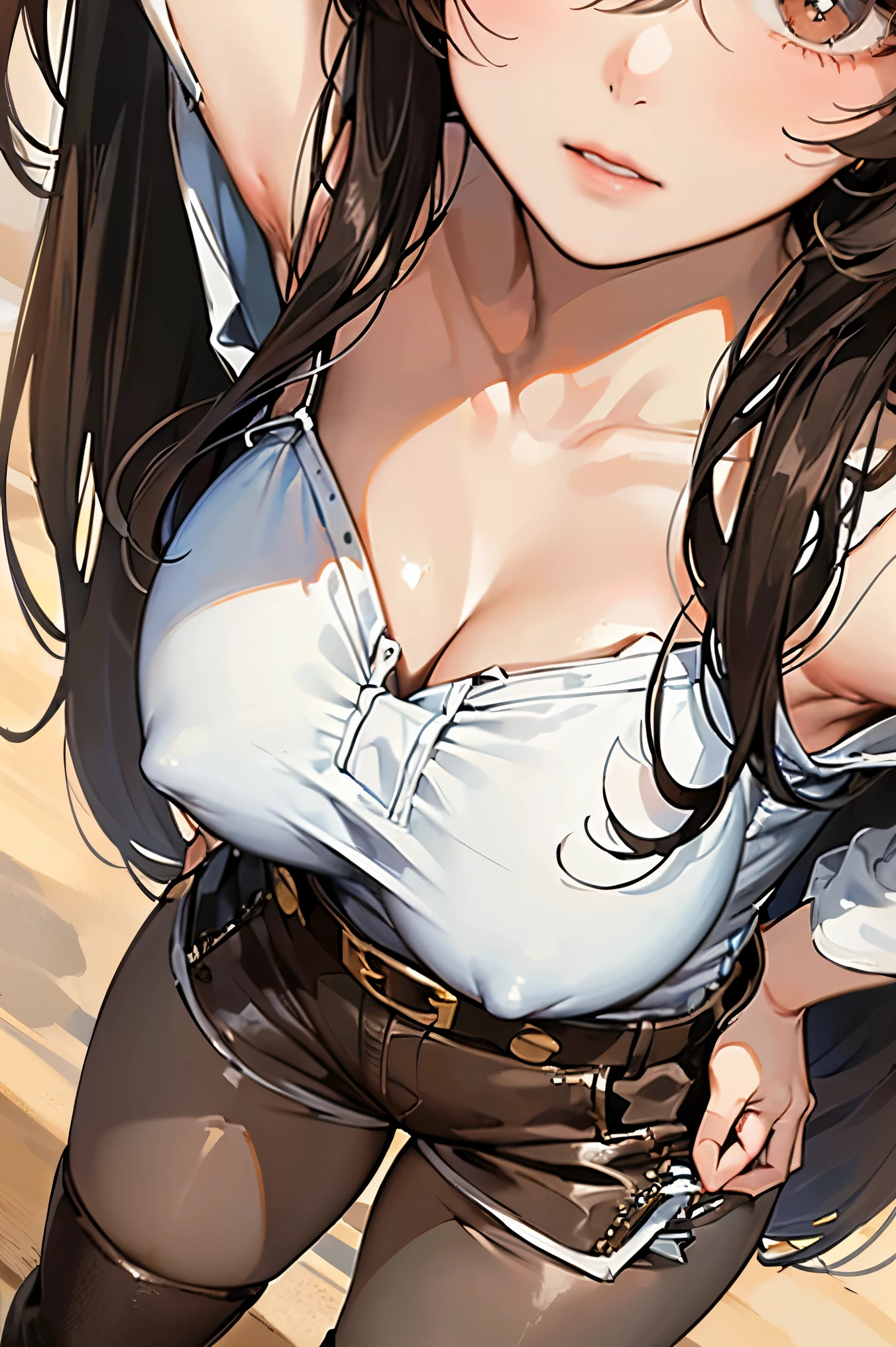 In the desert during the day、(())、((From above))、Beautiful girl with beautiful hair、A sharp, challenging gaze、Big eyes、Big Breasts、((Stand with your hands on your hips and your feet shoulder-width apart))、Looking into the distance。Short white dress shirt、(Denim mini hotpants that cling tightly to the buttocks)、Brown leather long western boots、Great balance of style、Long legs、(((((A close-up of a cute, raised mound)))))