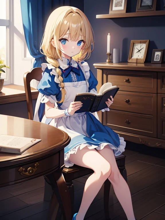 (8k, highest quality, Tabletop:1.2)、Artwork, figure, Wide angle, Ultra-high resolution、Alice in Wonderland, One ****************, Detailed face、blue eyes, Blonde, Braid, Blue Dress, White apron, Clothes with bulging sleeves, A room full of clocks, A little dark room, Evening Party, Sit down and read a book