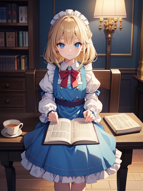 (8k, highest quality, Tabletop:1.2)、Artwork, figure, Wide angle, Ultra-high resolution、Alice in Wonderland, One ****************, Detailed face、blue eyes, Blonde, Braid, Blue Dress, White apron, Clothes with bulging sleeves, A room full of clocks, A little dark room, Evening Party, Sit down and read a book