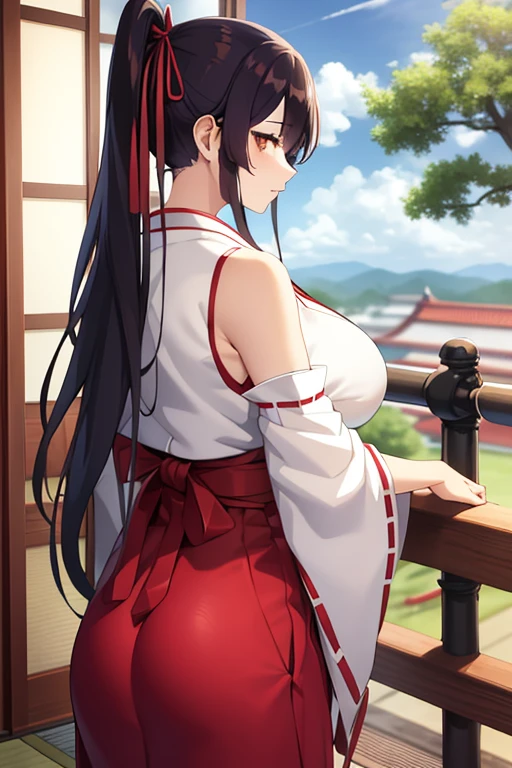 1girl, bangs, bare_shoulders, blue_sky, large breasts, brown_eyes, cloud, cloudy_sky, day, detached_sleeves, fence, hair_between_eyes, hair_ribbon, hakama, hakama_skirt, japanese_clothes, kimono, large_breasts, long_hair, looking_at_viewer, obi, railing, red_hakama, red_ribbon, ribbon, sash, shouji, sky, sliding_doors, solo, tree, veranda, white_kimono
((best quality)), ((masterpiece)), (detailed), Sagirin, tight hakama, ass, big ass shape, gigantic breasts, seductive pose, side view,