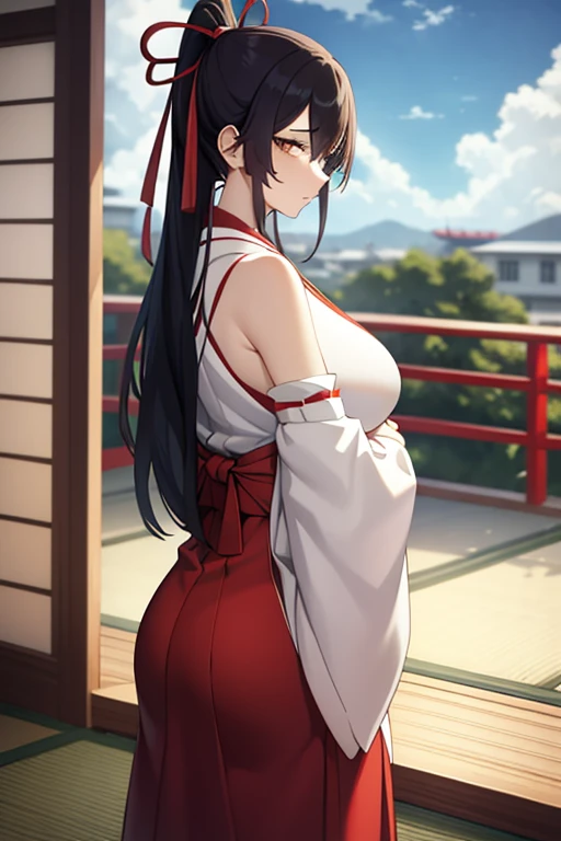 1girl, bangs, bare_shoulders, blue_sky, large breasts, brown_eyes, cloud, cloudy_sky, day, detached_sleeves, fence, hair_between_eyes, hair_ribbon, hakama, hakama_skirt, japanese_clothes, kimono, large_breasts, long_hair, looking_at_viewer, obi, railing, red_hakama, red_ribbon, ribbon, sash, shouji, sky, sliding_doors, solo, tree, veranda, white_kimono
((best quality)), ((masterpiece)), (detailed), Sagirin, tight hakama, ass, big ass shape, gigantic breasts, seductive pose, side view,