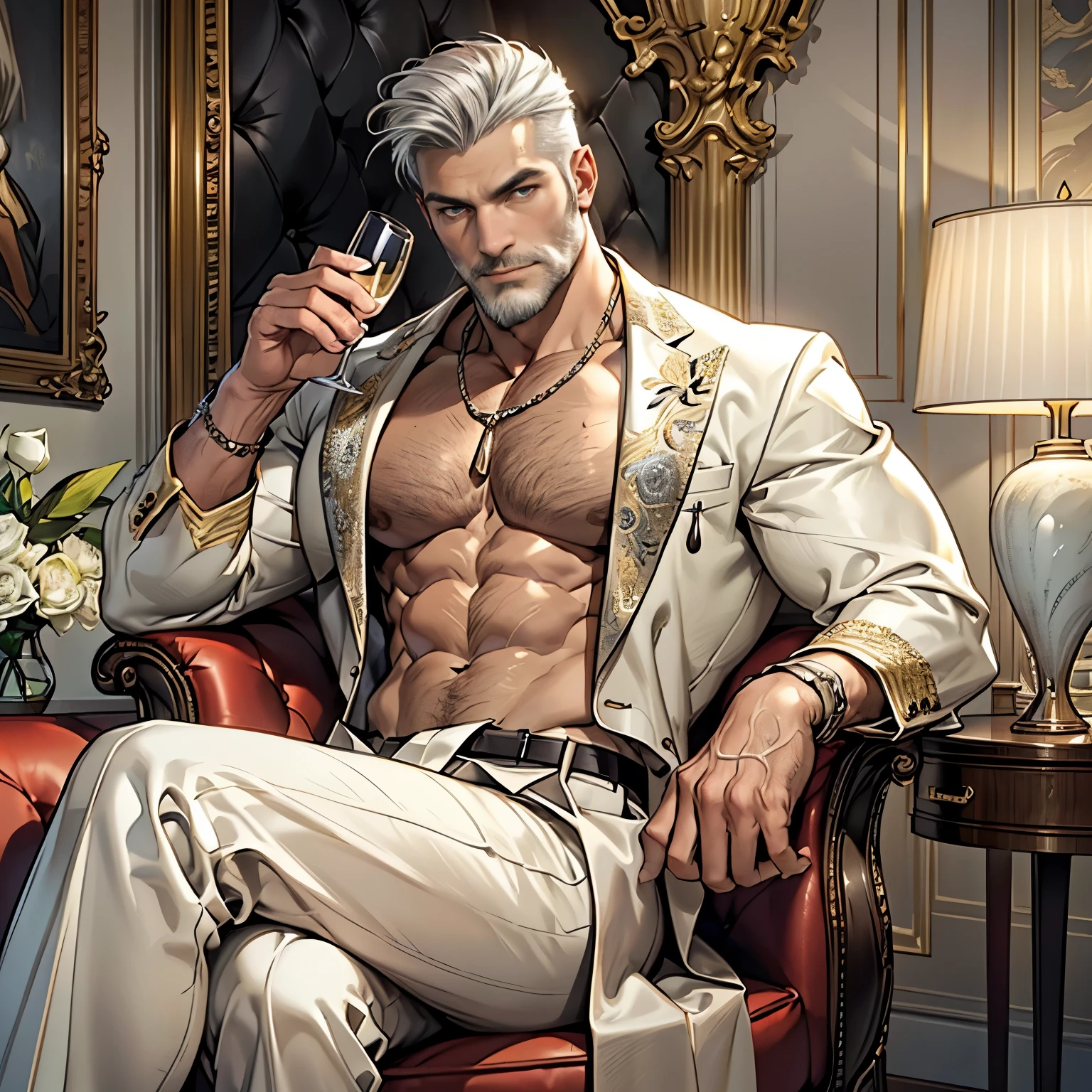 Portrait of 1 man, ((50-year-old)), muscular body, beautiful detailed face, piercing intense gaze, (((sittin in luxurious living room))), (((crossed legs))), (((holding a glass of champagne on hand))), sexy, sensual, hot, attractive, (((muscular))), fitness, model, trendy fashion, ((short silver hair))), (((short full silver beard))), ((big eyes)), ((intense gaze)), expensive furniture, (decorative vases with fresh flowers), distinctive artwork on the walls, rich color palette, golden accents and trimmings, warm and inviting ambiance, serene atmosphere, gentle shadows and highlights, subtle texture in fabrics, luxurious wardrobe with fine fabrics and designer labels, impeccable fashion sense, dapper appearance, relaxed expression, confident posture, refined taste, majestic presence, pristine cleanliness, realistic, accurate, (best quality, masterpiece: 1.2), ultra-detailed, low lighting, beautiful soft lighting, ((luxurious room background)), ((model)), handsome, ((big bulge)), prominent chiseled jawline, masterpiece, anatomically correct, textured skin, super detail, high quality, 4K, 8k, highres, UH.