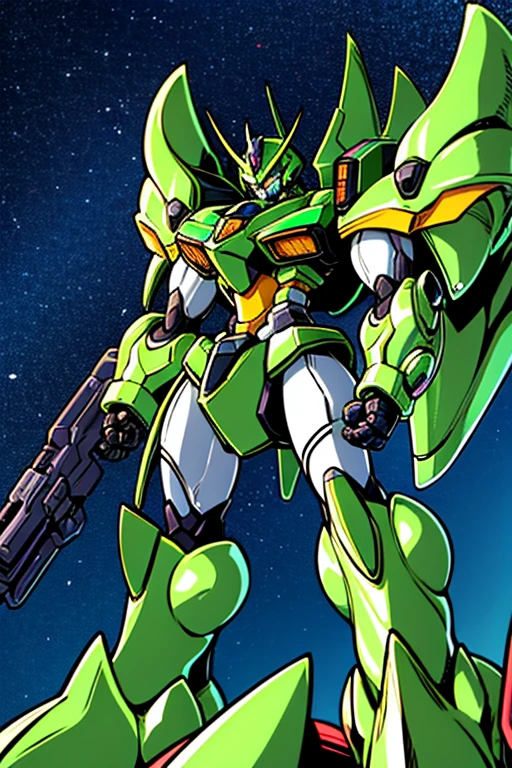 menacing green mecha with galaxy background