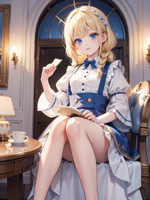 (8k, highest quality, Tabletop:1.2)、Artwork, figure, Wide angle, Ultra-high resolution、Alice in Wonderland, One 12-year-old girl, Detailed face、blue eyes, Blonde, Braid, Blue Dress, White apron, Clothes with bulging sleeves, A room full of clocks, A little dark room, Evening Party, Sit down and read a book