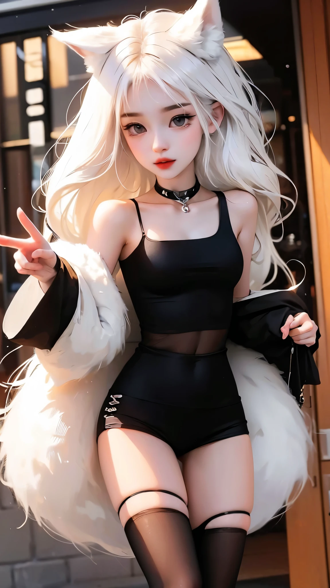 White haired cute anime girl wearing a black croptop and black booty shorts with mythical fox tails